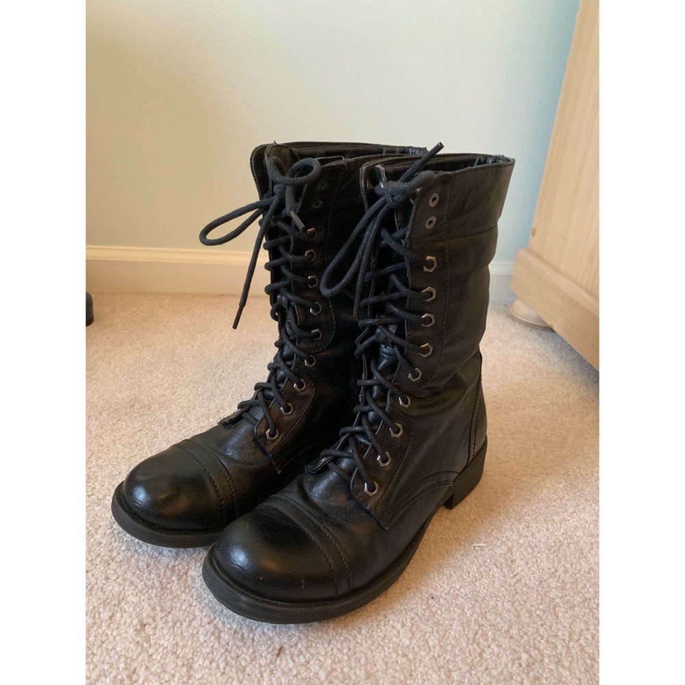 Black Faux Leather Combat Boots